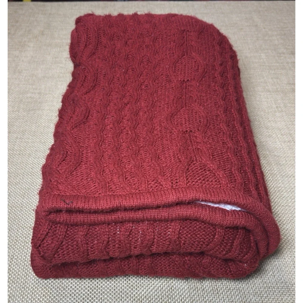 LL Bean Throw Blanket Chunky‎ Cable Knit Fisherman Red Soft Sherpa Reversible